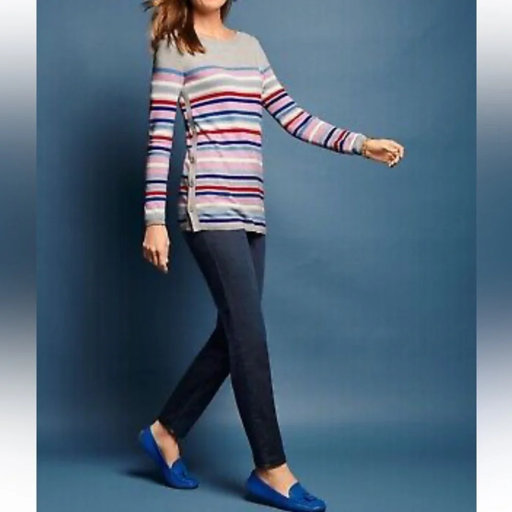 NWT Talbots‎ Multi Stripe  Gray Side Button Long Sleeve Sweater Size Petite L